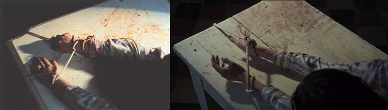 L: an image from Ana Mendieta’s “Untitled (Rape Scene),” 1973; R: an image from an early trailer for Suspiria via Hyperallergic